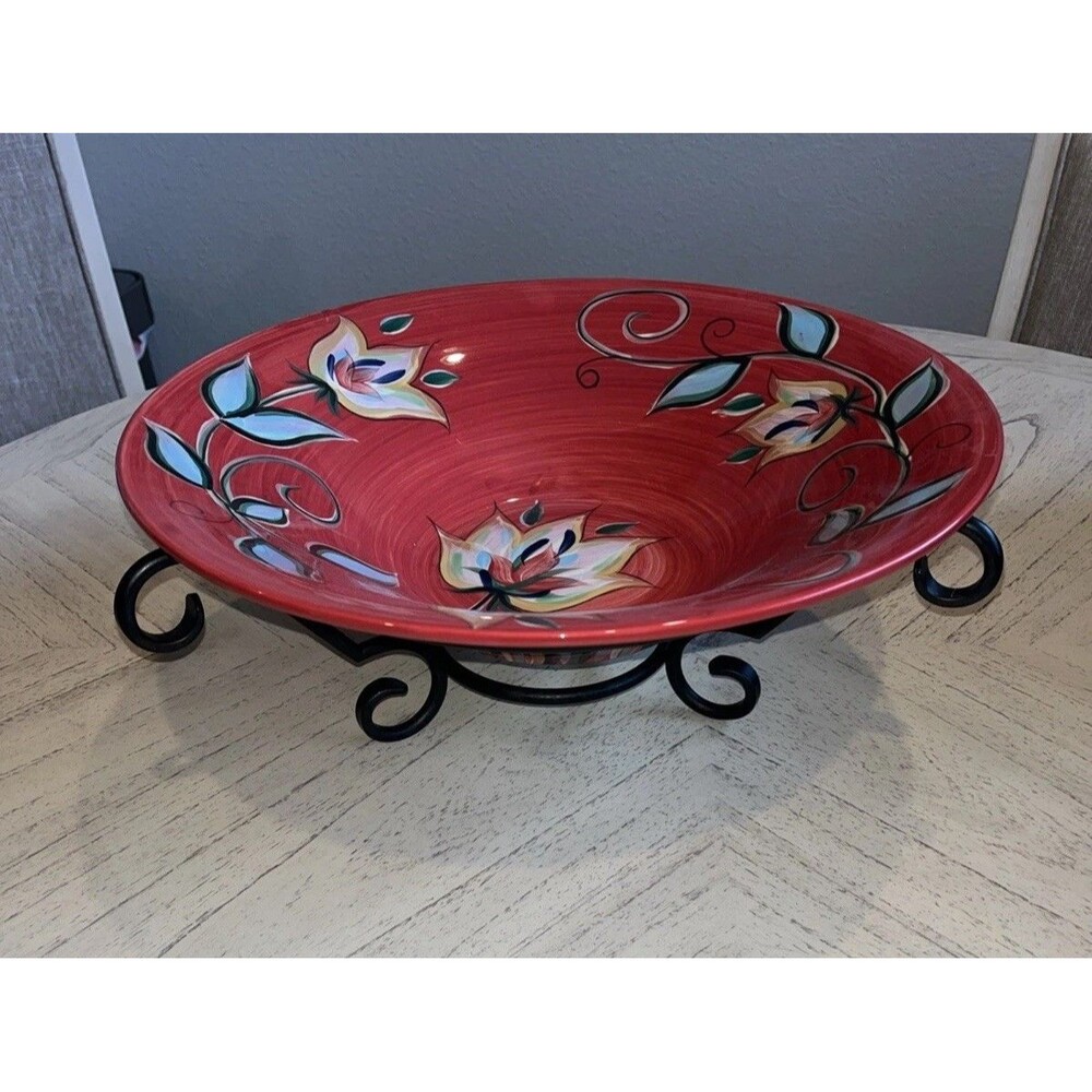 Southern Living at Home Gail Pittman RED BOUNTIFUL 15" Serving Bowl +Metal Stand